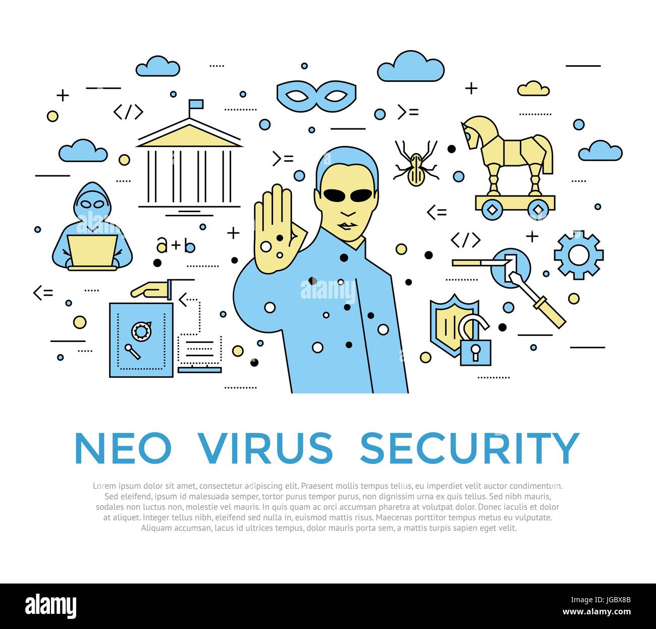 Digital vector color internet security data protection icons set drawn ...