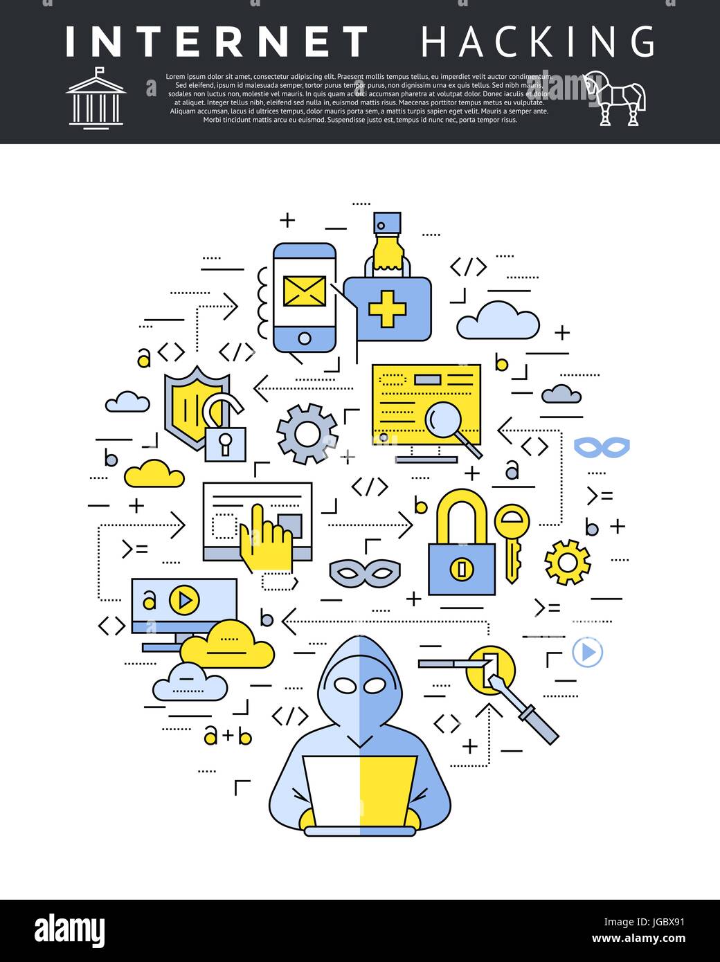 Digital vector blue internet security data protection icons set drawn ...