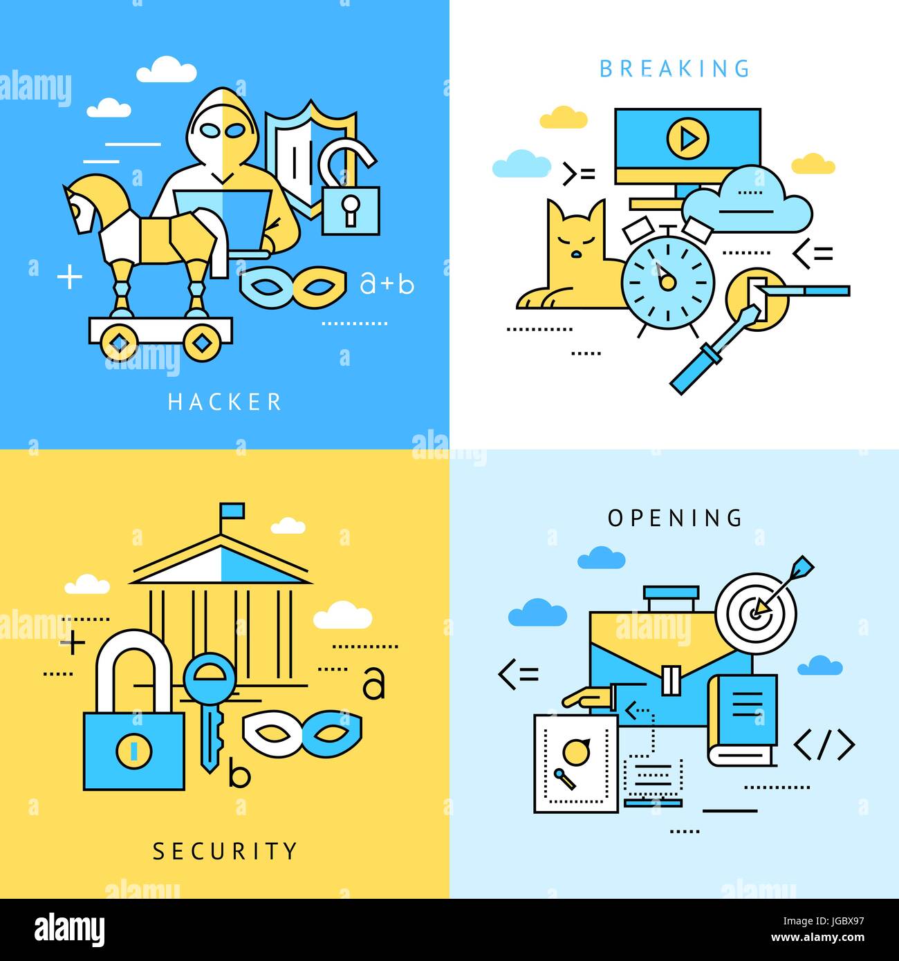 Digital vector blue internet security data protection icons set drawn ...
