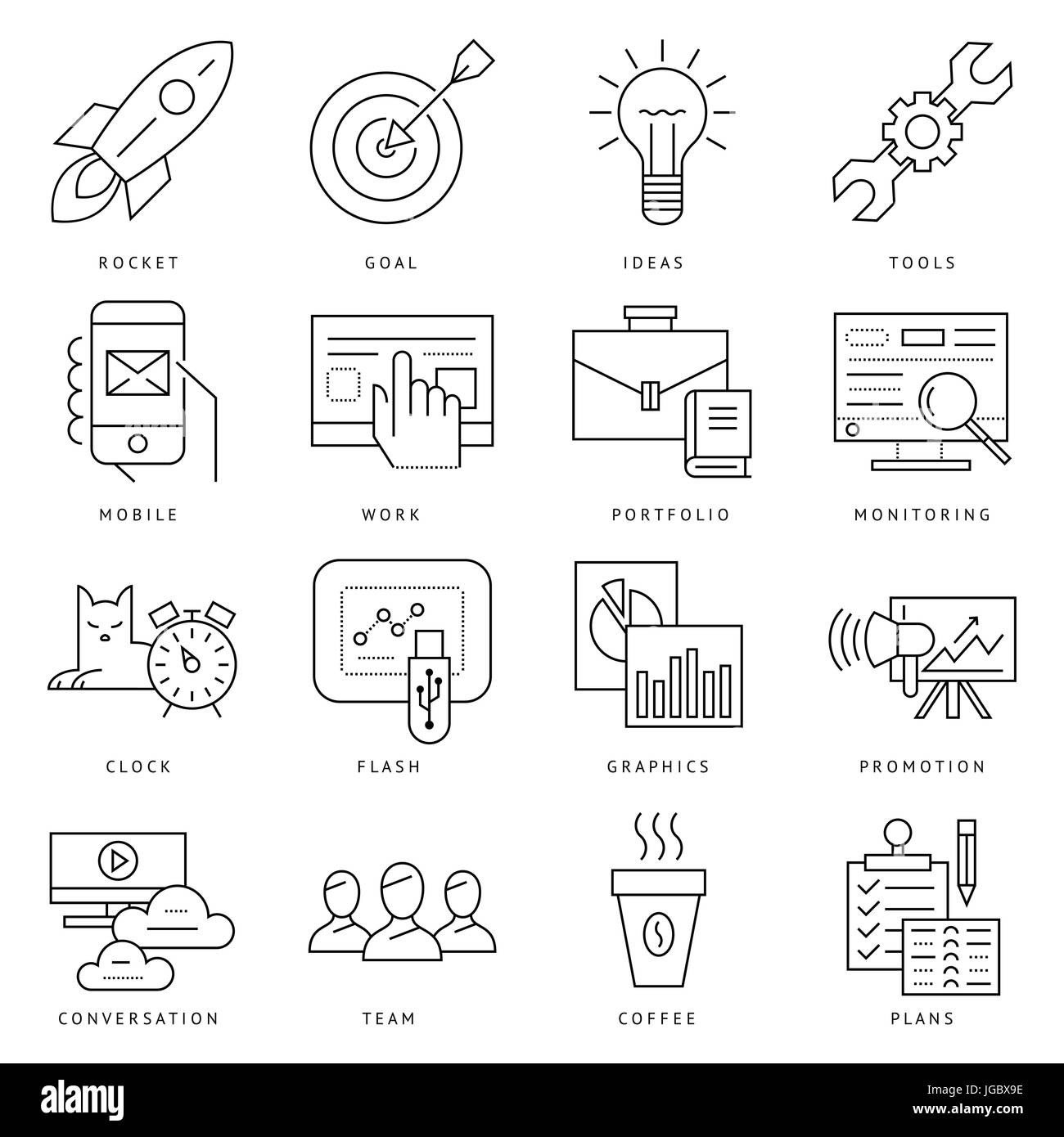 Digital vector black startup business icons with drawn simple line art ...
