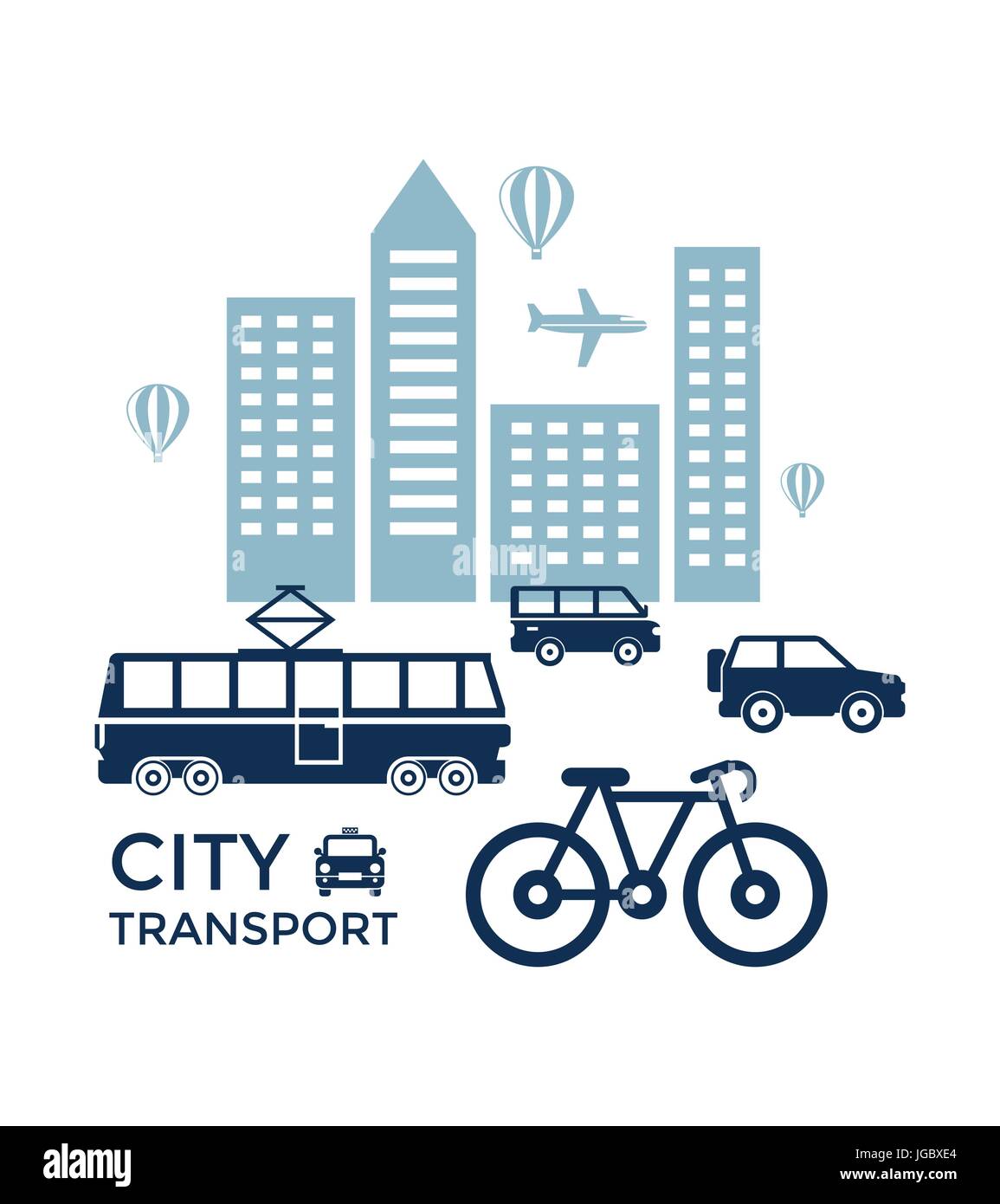 Digital vector blue city transport icons with drawn simple line art ...