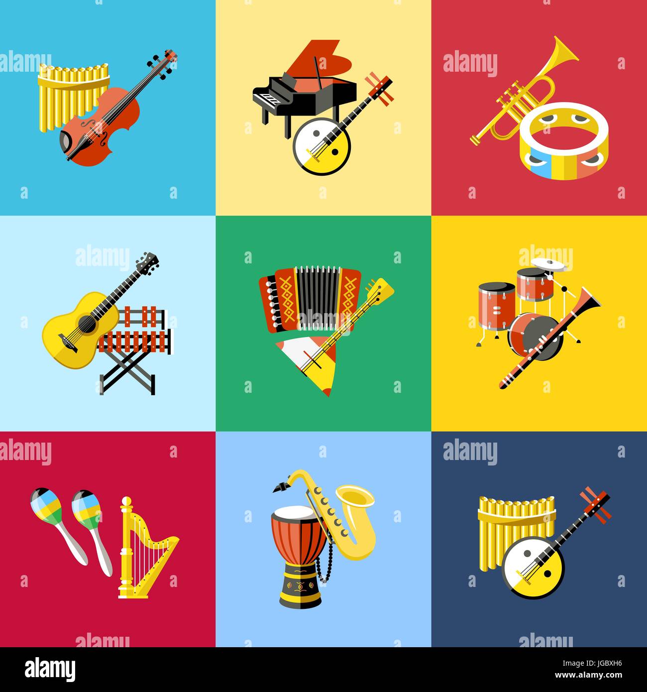 Digital vector blue red music instruments icons with drawn simple line ...