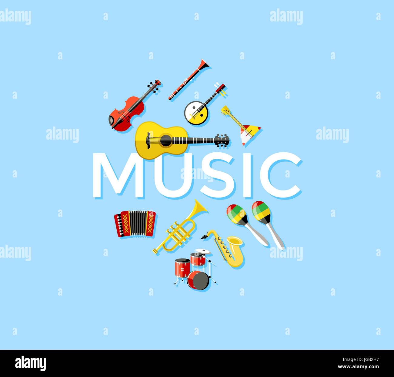 Digital vector blue music instruments icons with drawn simple line art ...