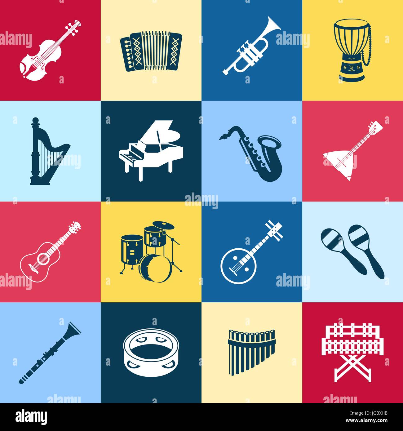 Digital vector green red yellow music instruments icons with drawn ...