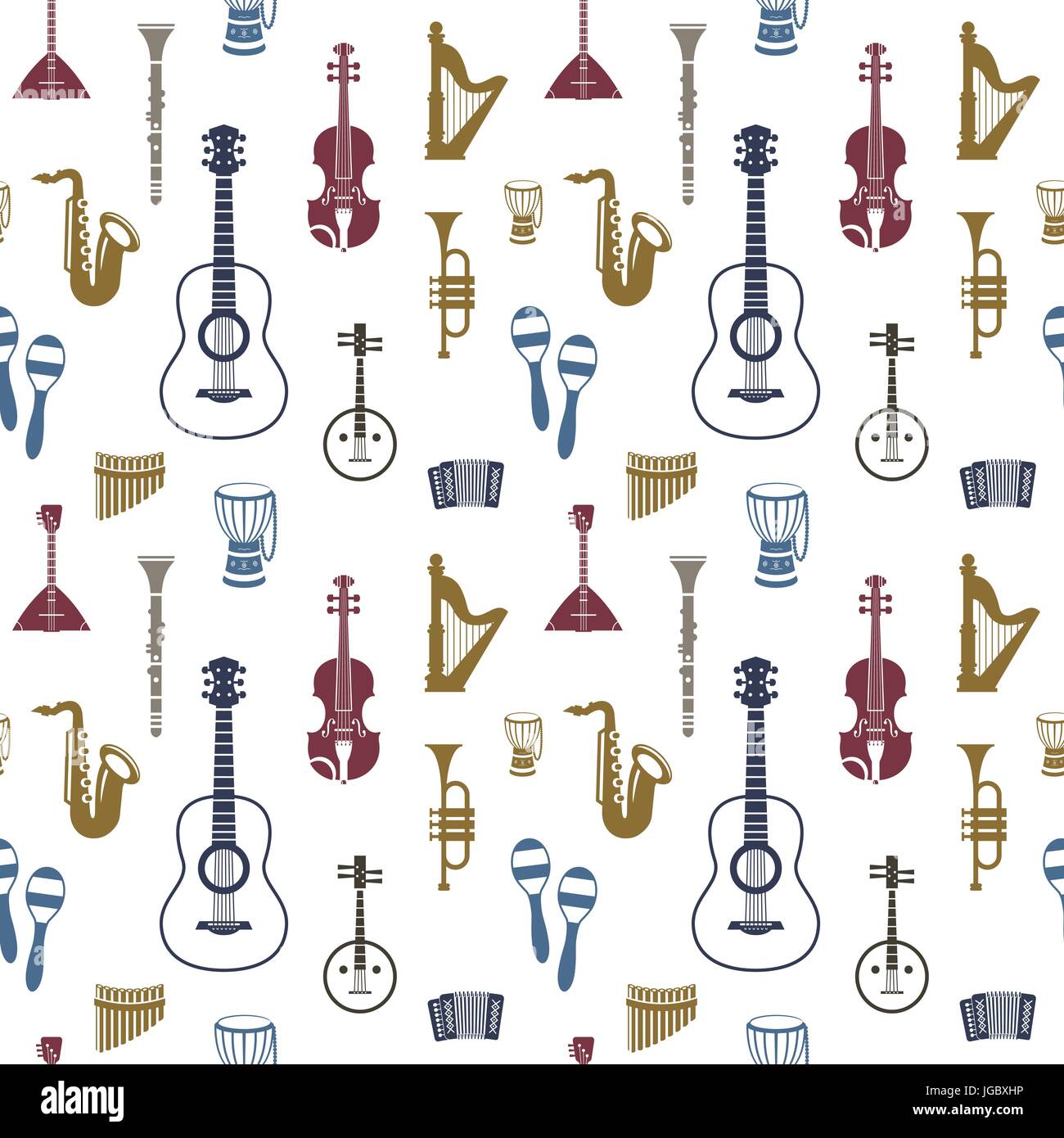 Digital vector blue red music instruments icons with drawn simple line ...