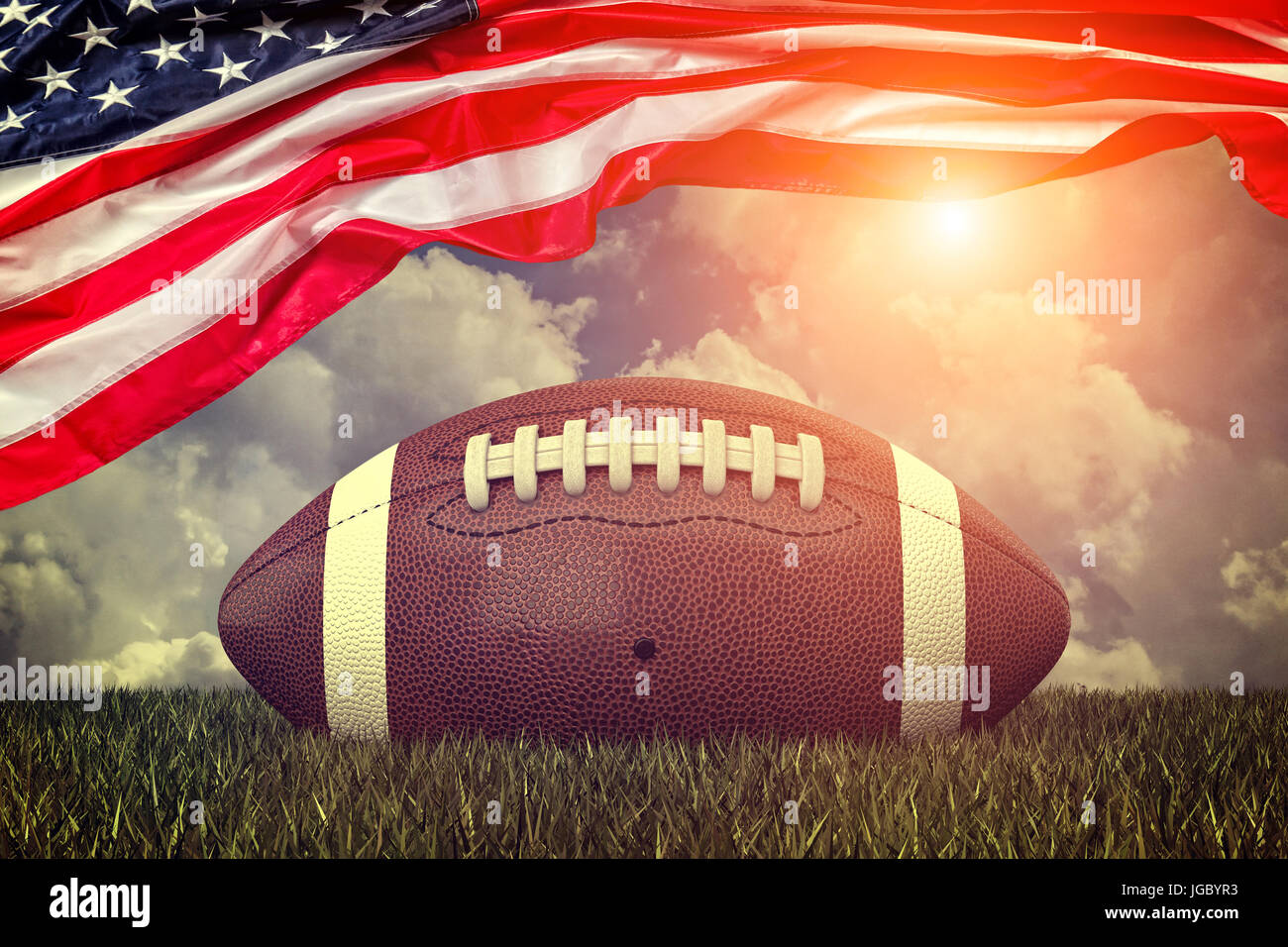 american football ball old glory and sky 3d rendering image Stock Photo