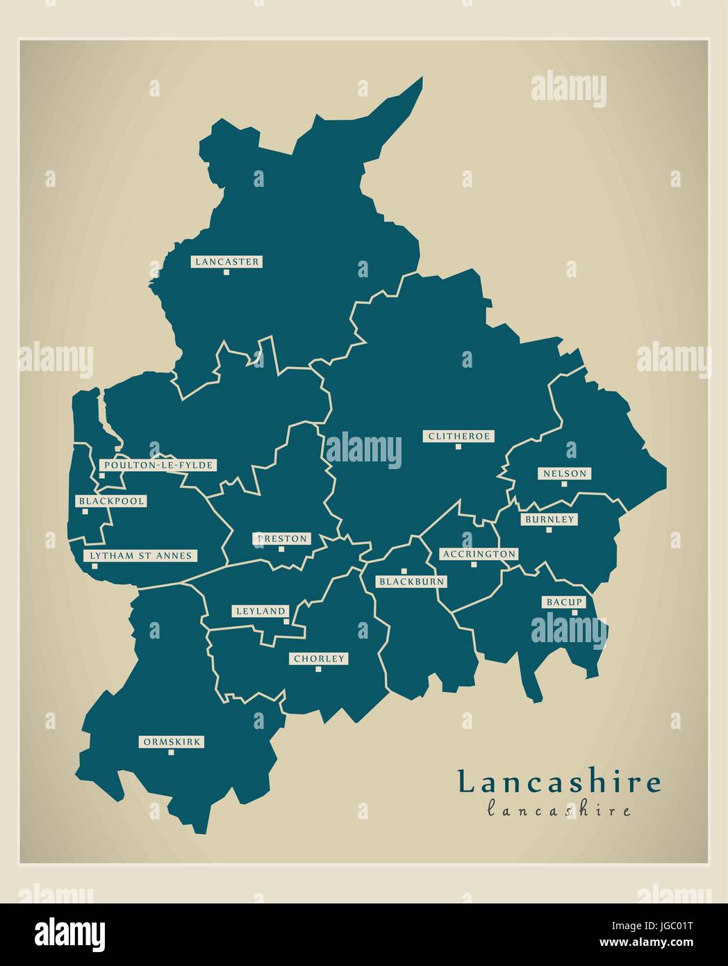 Modern Map - Lancashire county with districts England UK illustration ...