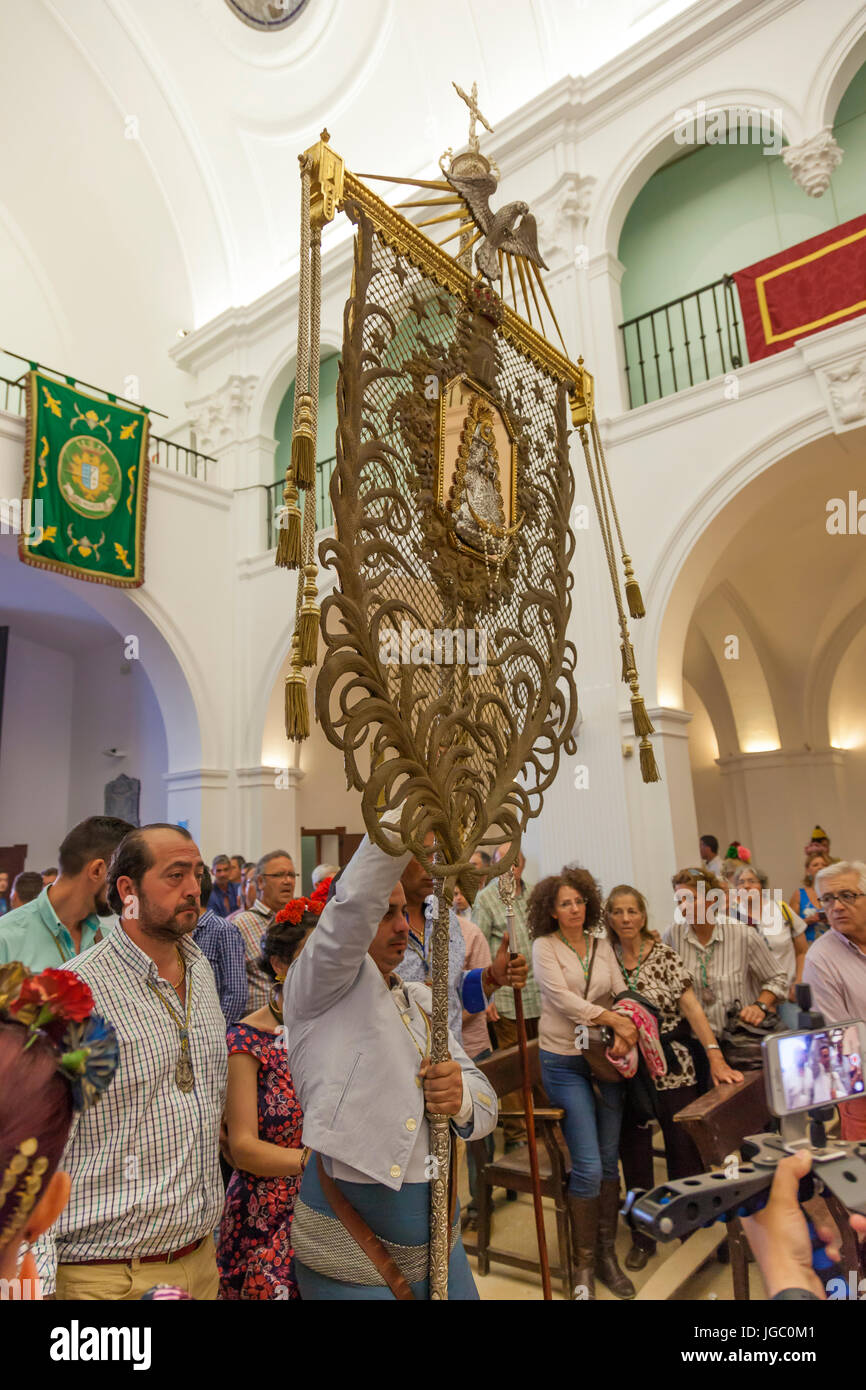 El Rocio, Spain June 4, 2017 Pilgrims with the madonna of El Rocio