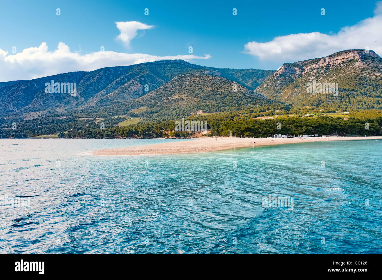 Seaside view of the landmark Golden Horn beach at the island Brac in Croatia. Stock Photo