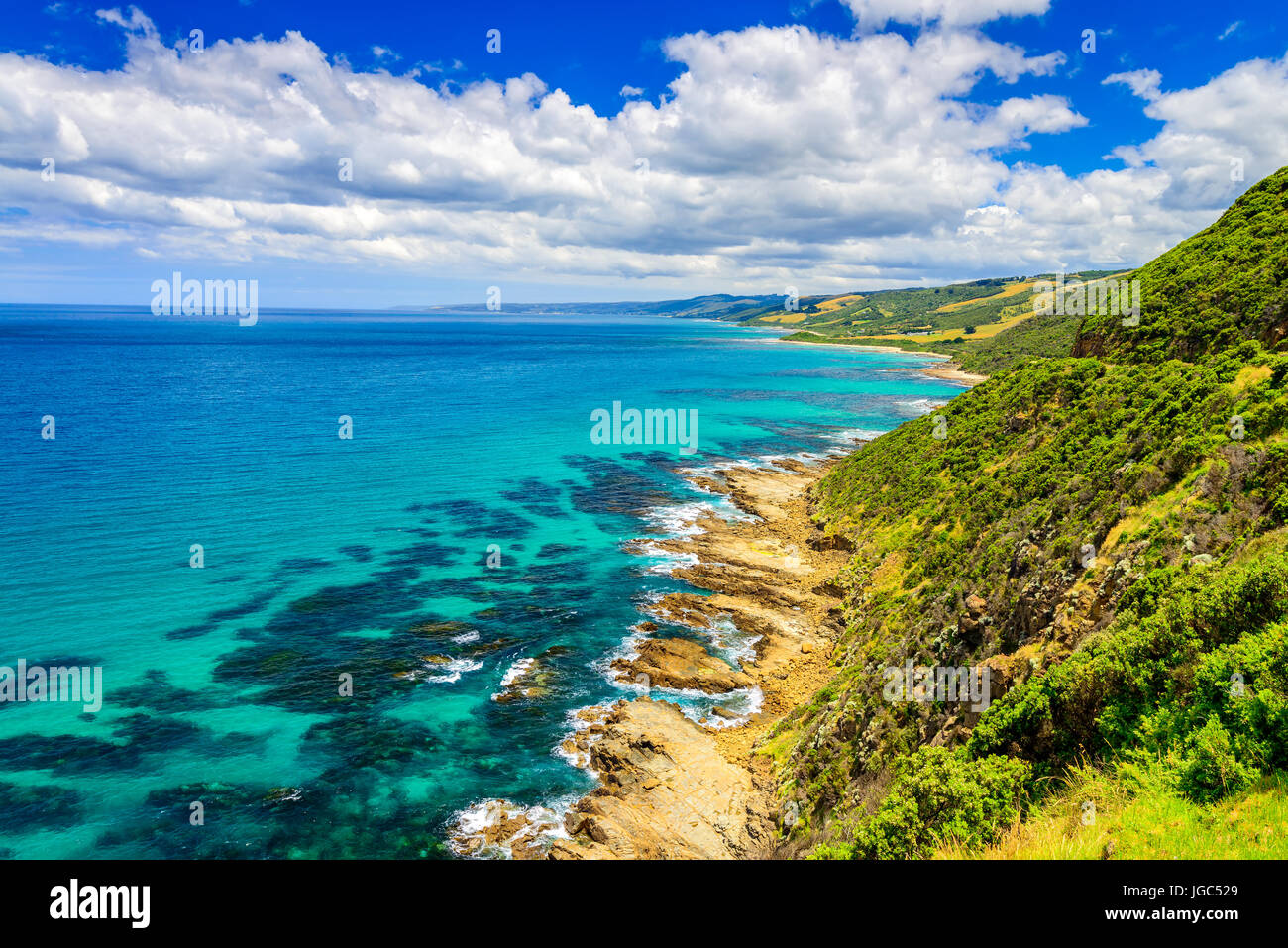 Scenic coastal landscape along the Great Ocean road in Lorne, Victoria, Australia Stock Photo