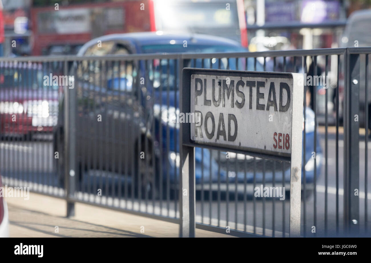 Road sign on Barrier Plumstead Road Stock Photo
