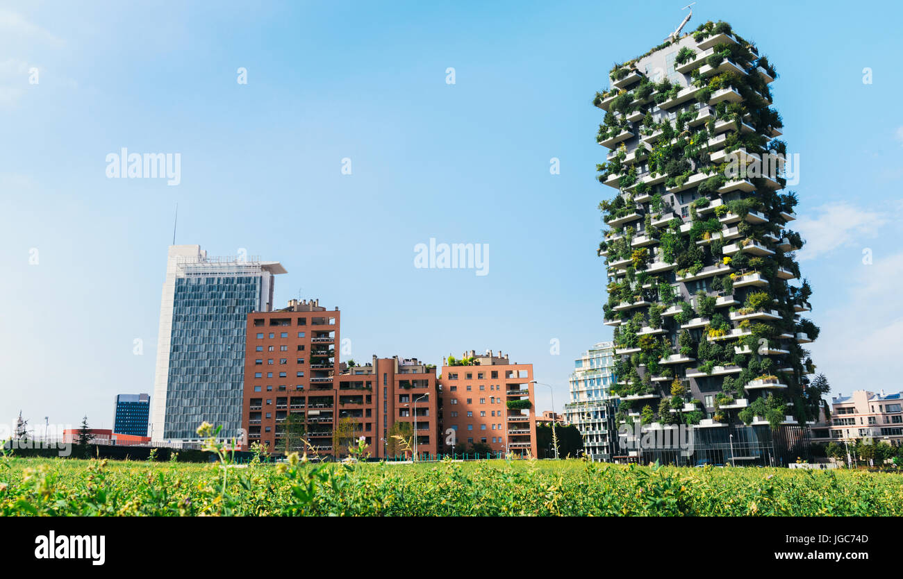 Milan, Italy skyline including the Bosco Verticale sustainability concept of living Stock Photo