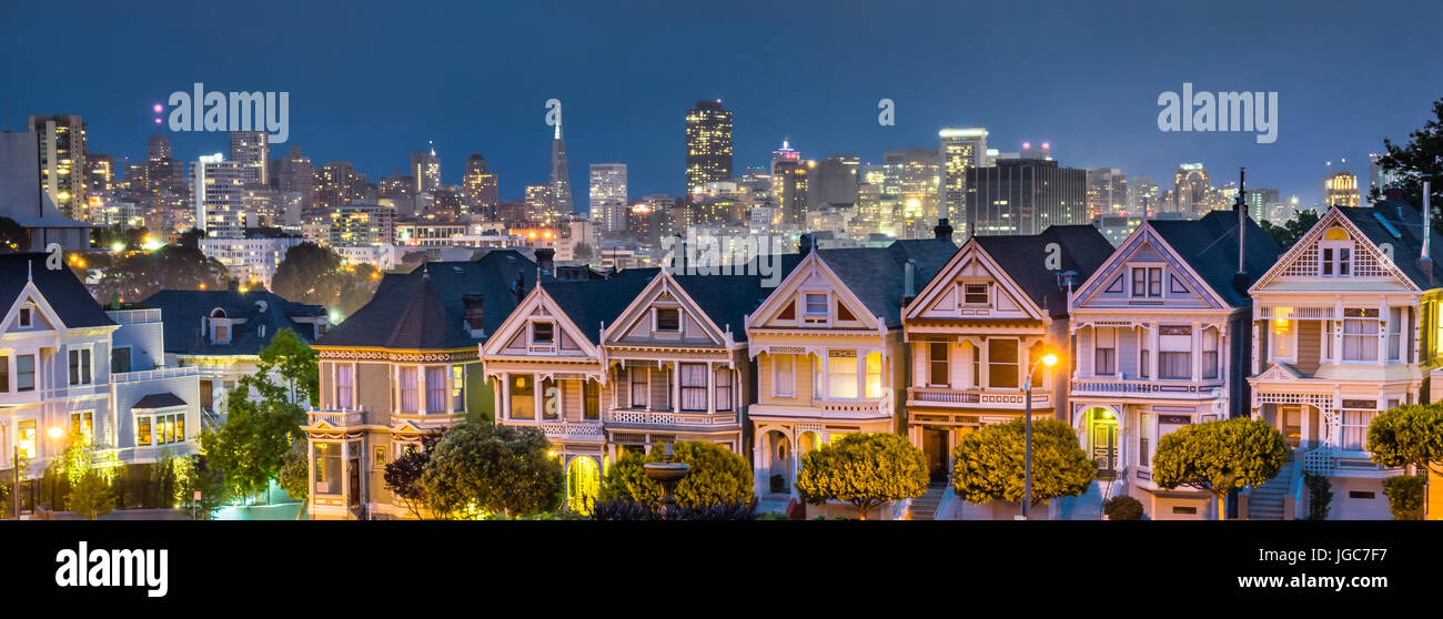 Alamo Square San Francisco after sunset with the San Francisco Sykline in the back ground. Stock Photo