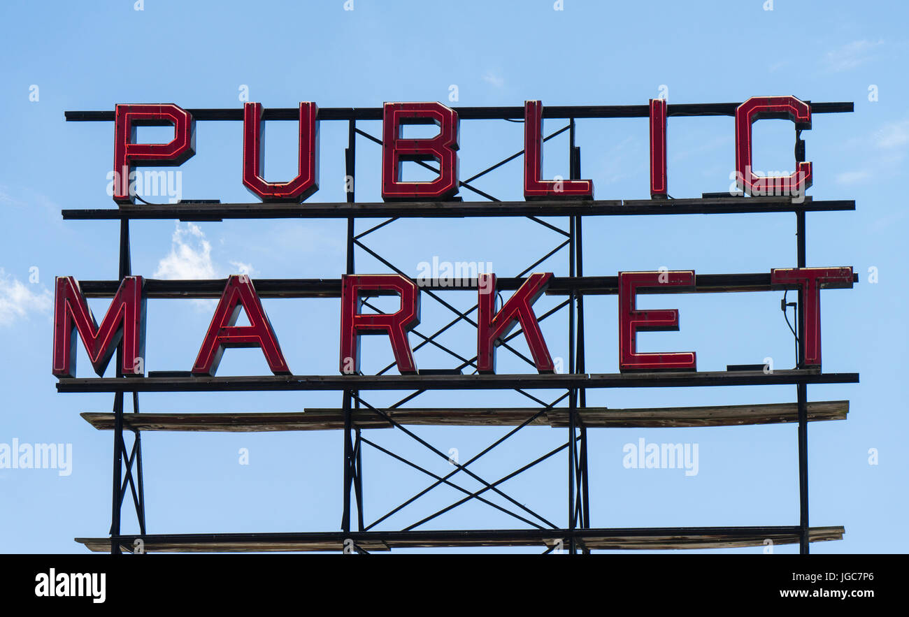Large neon Public Market sign at Seattle's Pike Place Market Stock Photo