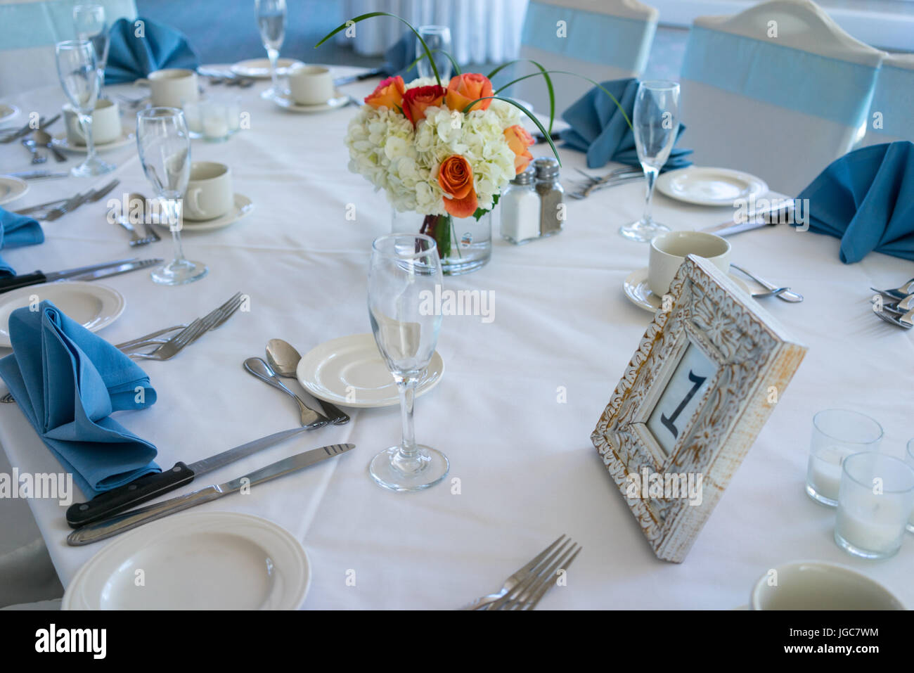 Formal wedding reception table setting Stock Photo