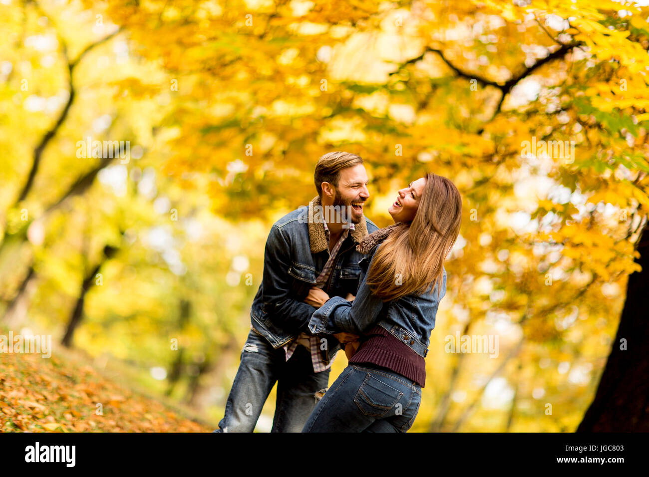 Smiling couple hugging in autumn park and having fun Stock Photo - Alamy