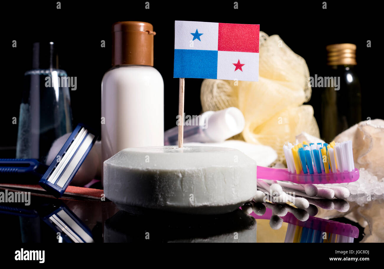 Panamanian flag in the soap with all the products for the people hygiene Stock Photo
