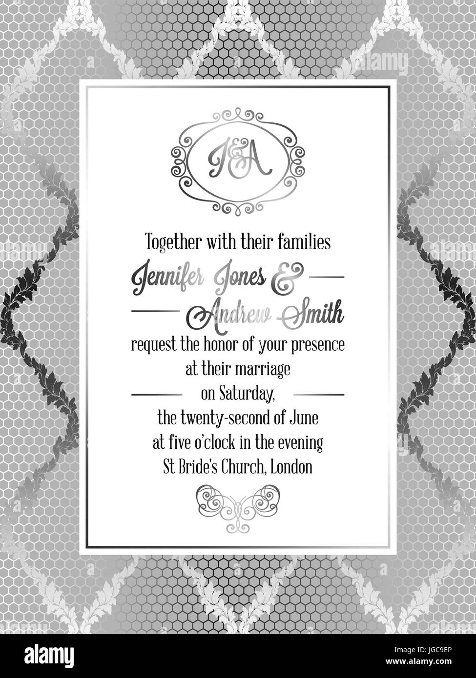 Vintage baroque style wedding invitation card template.. Elegant formal  design with damask background, traditional decoration for wedding , silver  dec Stock Vector Image & Art - Alamy