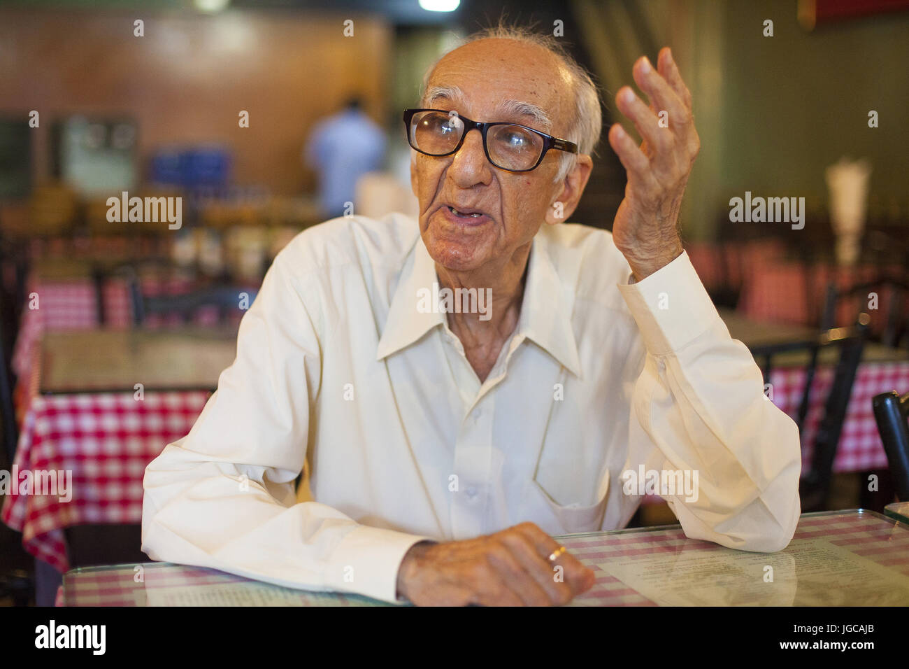Mumbai, Maharashtra, India. 18th Apr, 2016. 1 July 2017 : Mumbai - INDIA.Boman Kohinoor, the owner of the Britannia Restaurant at Mumbai.As a result of GST Restaurant food has become expensive.The new GST tax, designed to replace India's labyrinth of various levies found across the country's states with a uniform system and unite India into a single market, was launched by the country's prime minister Narendra Modi in a special session of parliament in New Delhi at the stroke of midnight 30 June 2017. Credit: Subhash Sharma/ZUMA Wire/Alamy Live News Stock Photo
