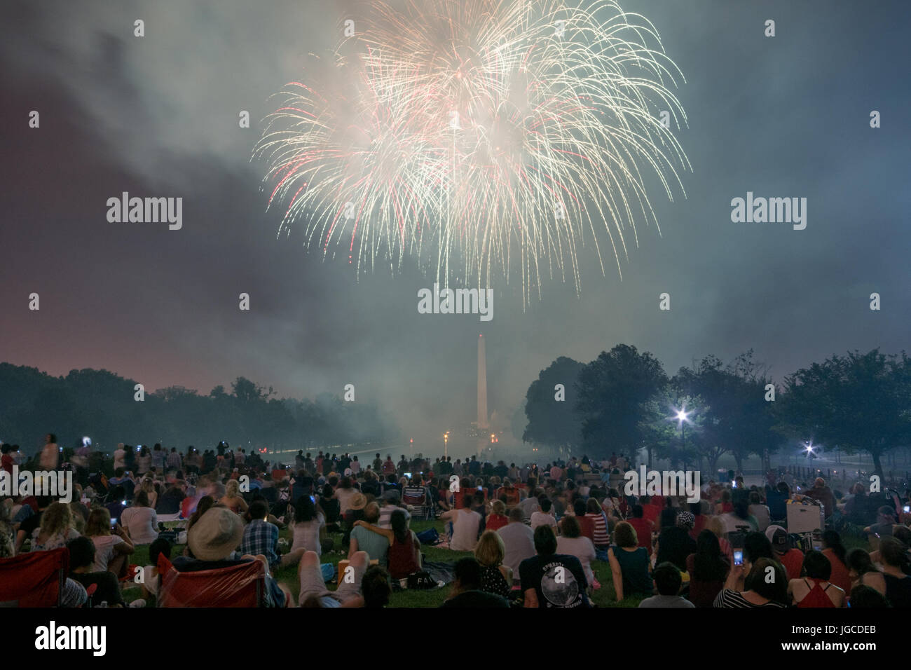 Washington, USA. 4th Jul, 2017. Smoke from fireworks fills the sky; the Washington Monument during the July 4th fireworks display; 2017, Washington DC, United States Credit: Angela Drake/Alamy Live News Stock Photo