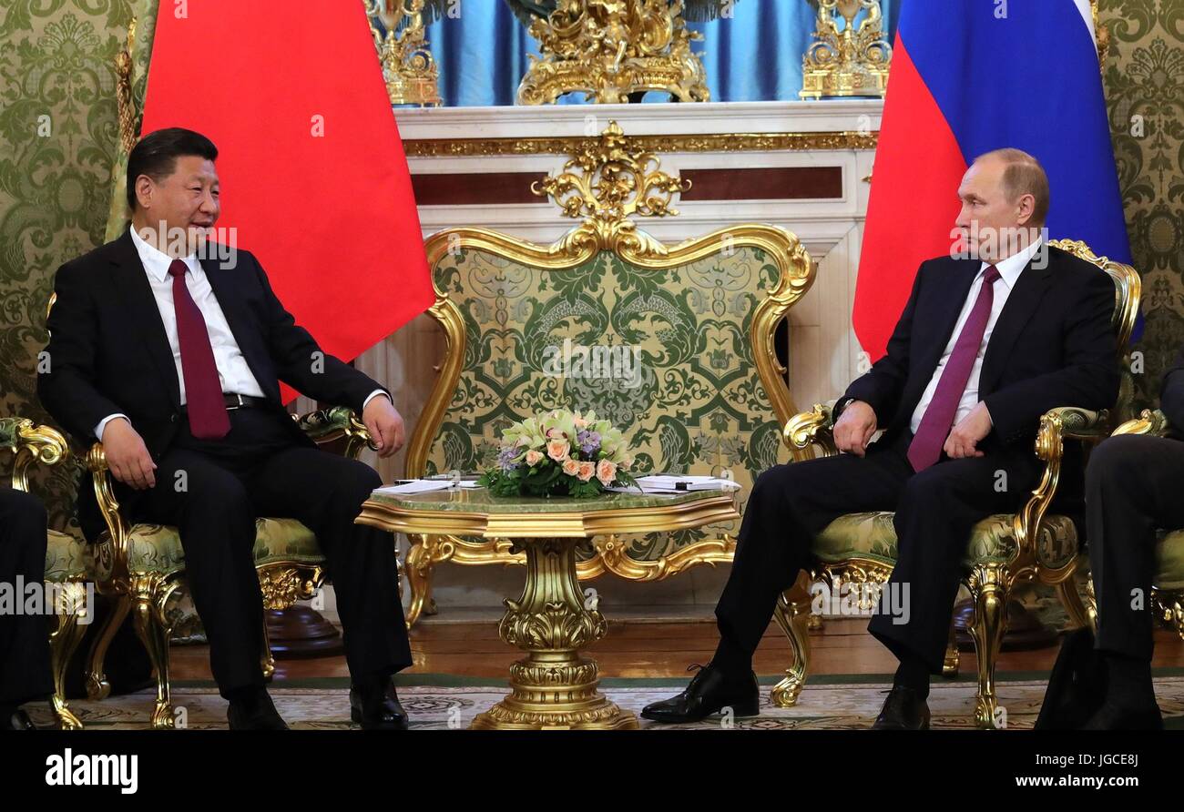 Russian President Vladimir Putin and Chinese President Xi Jinping during bilateral talks in the Kremlin July 4, 2017 in Moscow, Russia. Stock Photo