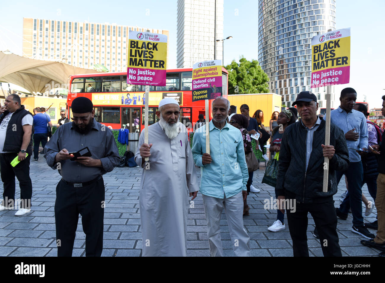London, UK. 05th JUL 2017. 'STOP ACID ATTACKS' emergency protest -  people are holding placards reading 'Black Lives Matter' and 'Fight Against Islamophobia' outside the Stratford station in East London. Credit: ZEN - Zaneta Razaite / Alamy Live News Stock Photo