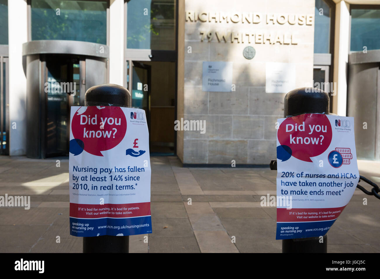 London, UK. 5th July, 2017. Posters used by nurses attending a 'Scrap the Cap' protest against ongoing cuts to the National Health Service outside the Department of Health, during which they attempted to deliver a magic money tree and a birthday cake marking the 69th birthday of the NHS. Credit: Mark Kerrison/Alamy Live News Stock Photo