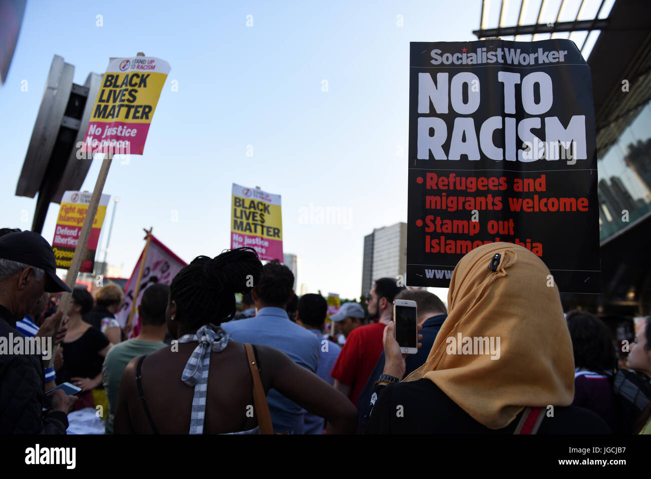 London, UK. 05th JUL 2017. 'STOP ACID ATTACKS' emergency protest outside the Stratford station in East London. Protesters gathered to protest against the recent acid attacks and increasing Islamophobia. People are holding placards reading 'No To Racism' and 'Black Lives Matter'. Credit: ZEN - Zaneta Razaite / Alamy Live News Stock Photo