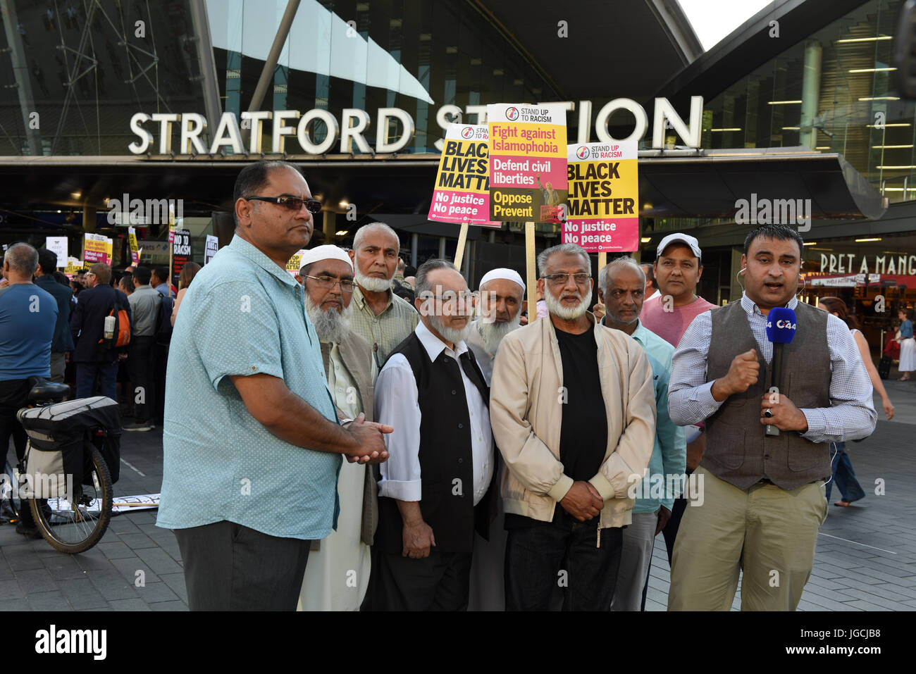 London, UK. 05th JUL 2017. 'STOP ACID ATTACKS' emergency protest outside the Stratford station in East London. Protesters gathered to protest against the recent acid attacks and increasing Islamophobia. C44 UK News journalist is reporting on the protest from outside the Stratford Station. Credit: ZEN - Zaneta Razaite / Alamy Live News Stock Photo