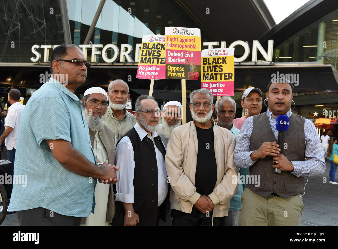 London, UK. 05th JUL 2017. 'STOP ACID ATTACKS' emergency protest outside the Stratford station in East London. Protesters gathered to protest against the recent acid attacks and increasing Islamophobia. C44 UK News journalist is reporting on the protest from outside the Stratford Station. Credit: ZEN - Zaneta Razaite / Alamy Live News Stock Photo