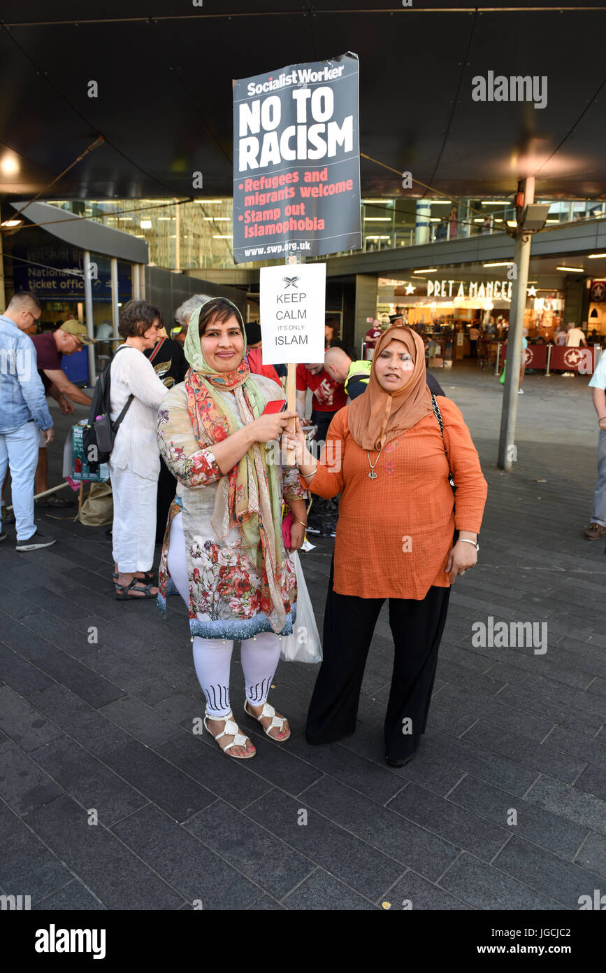 London, UK. 05th JUL 2017. 'STOP ACID ATTACKS' emergency protest outside the Stratford station in East London. Protesters gathered to protest against the recent acid attacks and increasing Islamophobia. Muslim women are holding placards reading: 'No to Racism' and 'Keep Calm It's Only Islam'. Credit: ZEN - Zaneta Razaite/Alamy Live News Stock Photo