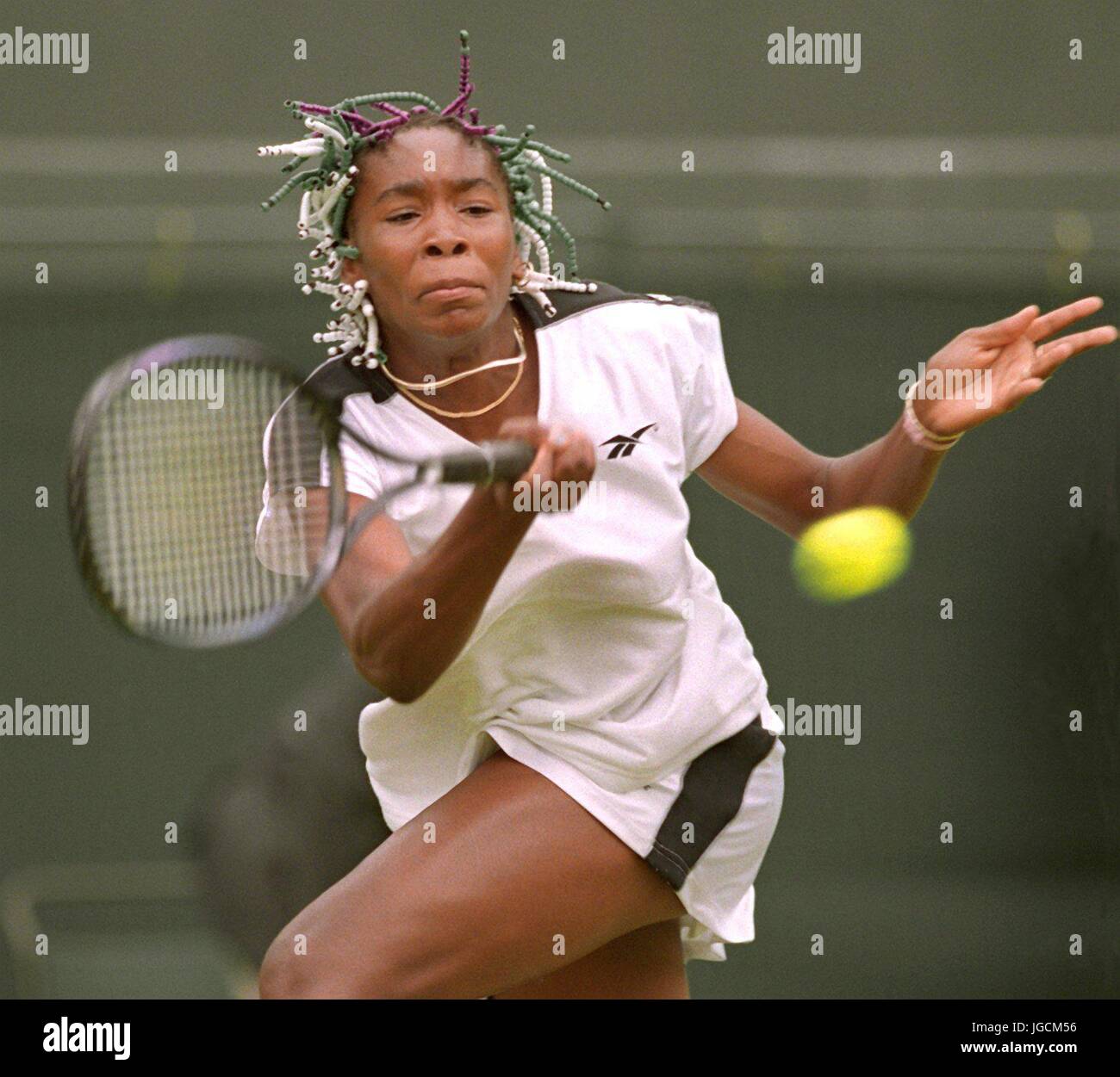 FILE - US-American tennis player Venus Williams in action during her first round match against Grzybowska from Poland in Wimbledon, England, 28 June 1997. In 1997, Venus Williams had her first match in Wimbledon in the South West of England's capital London. She lost during the first round against Grzybowska from Poland. Photo: Frank Leonhardt/dpa Stock Photo