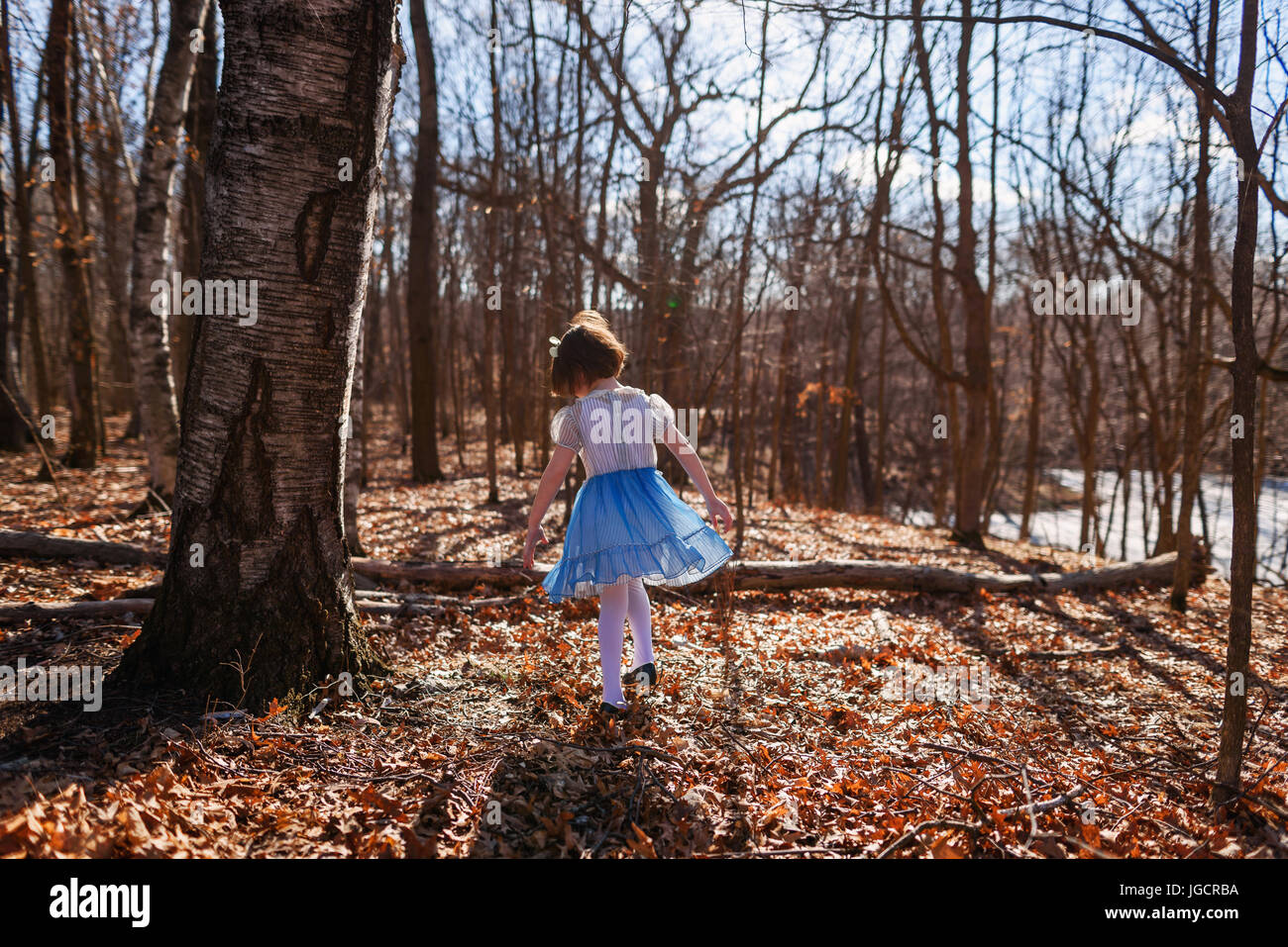 Girl in a dress walking through forest Stock Photo