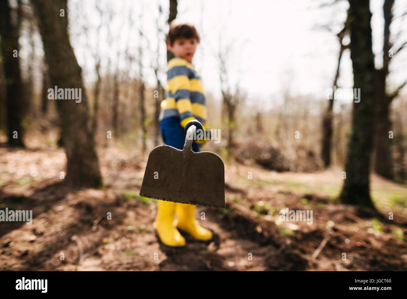 Boy standing in garden with a hoe Stock Photo