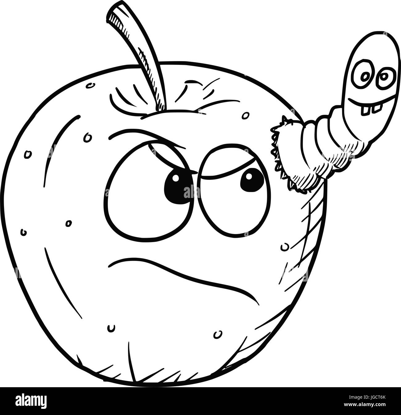Vector cartoon of angry fruit apple infected by cute crazy worm insect Stock Vector