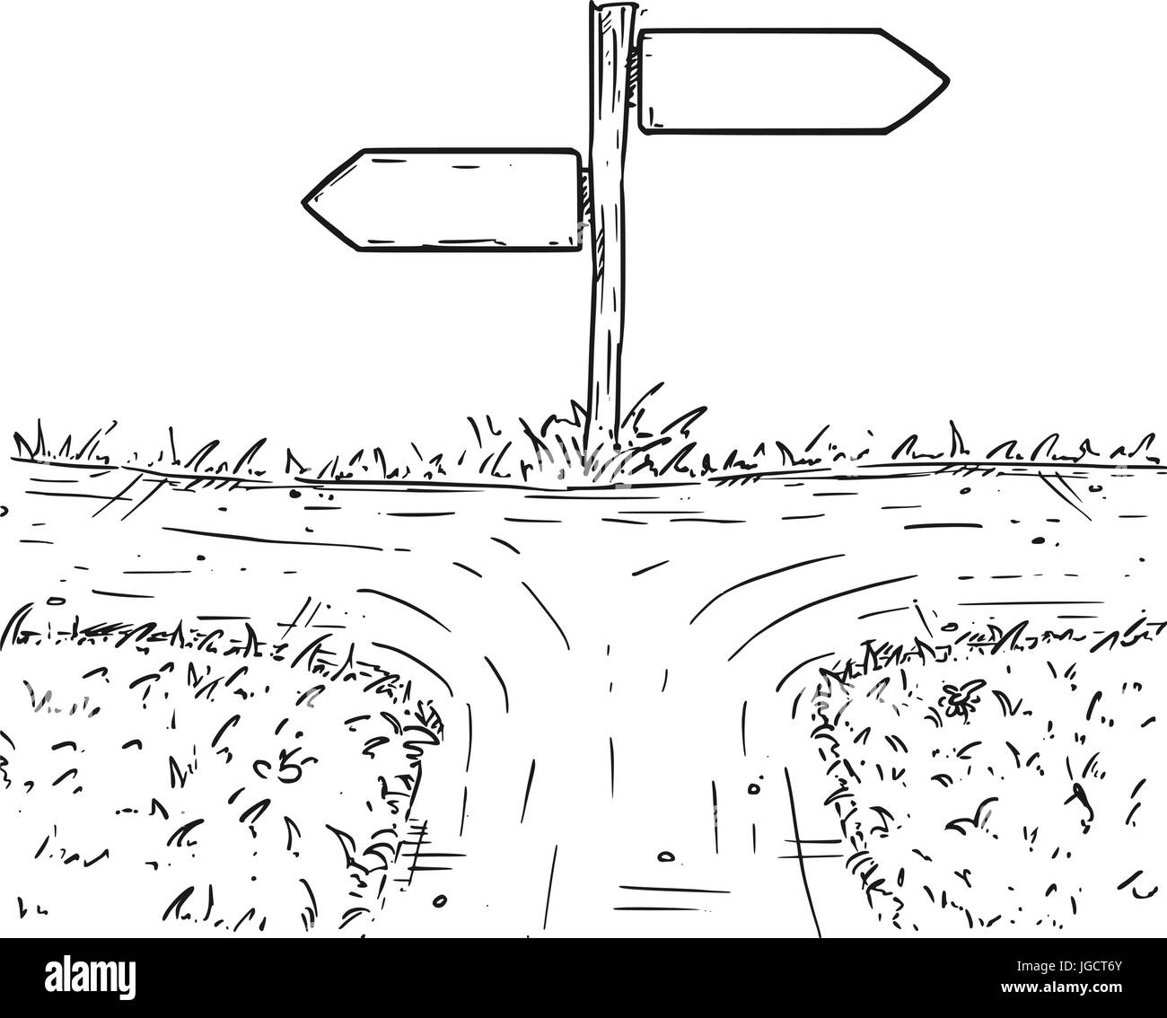 Vector cartoon doodle hand drawn crossroad with wooden direction sign with two arrows pointing  left and right as decision arrows Stock Vector