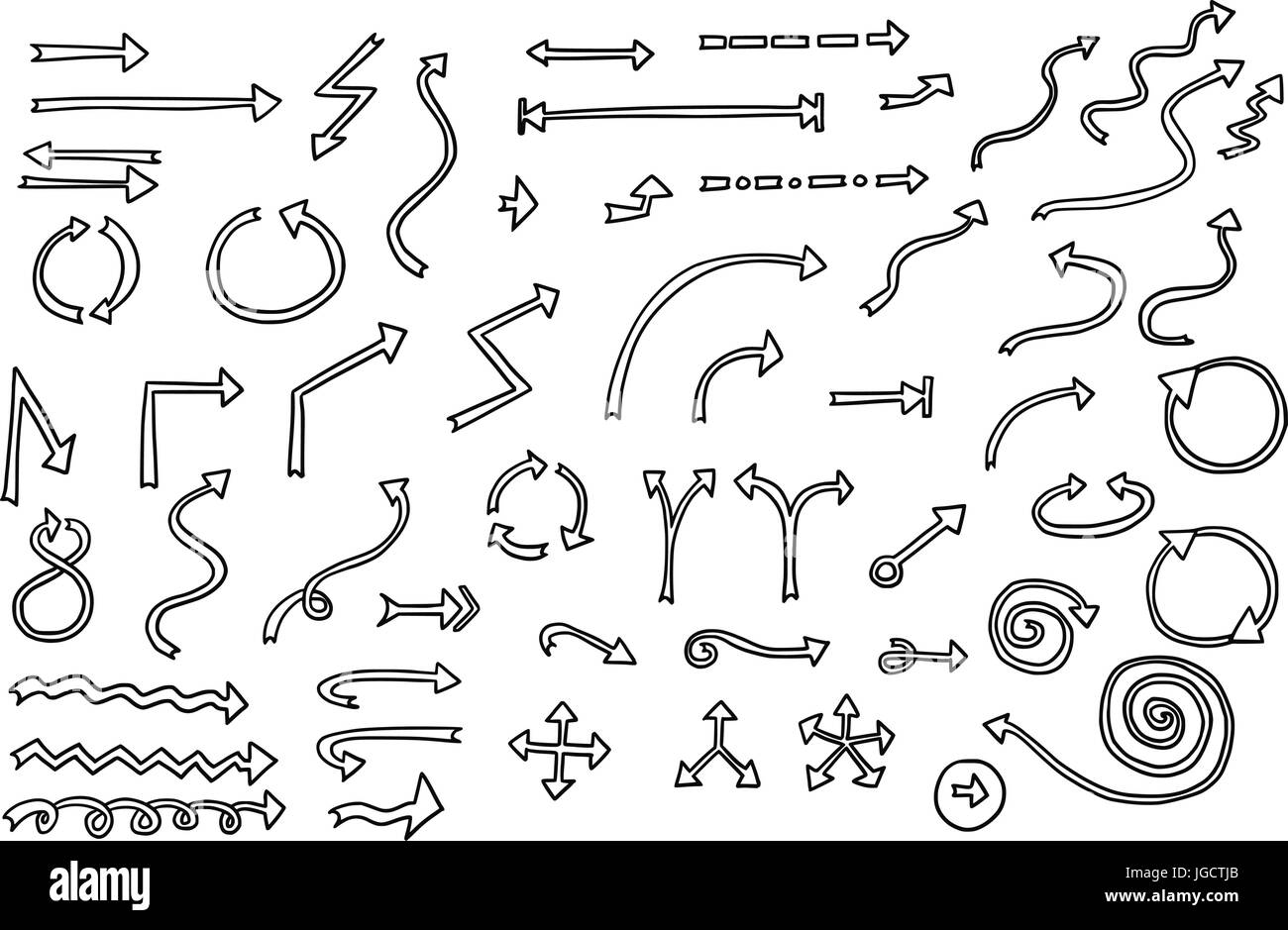 Set or collection of vector cartoon doodle hand drawn arrow symbols in black and white color Stock Vector