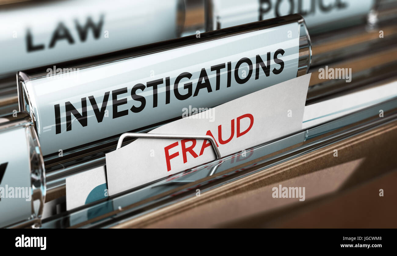 3D illustration of private investigator files with the words investigation and fraud Stock Photo
