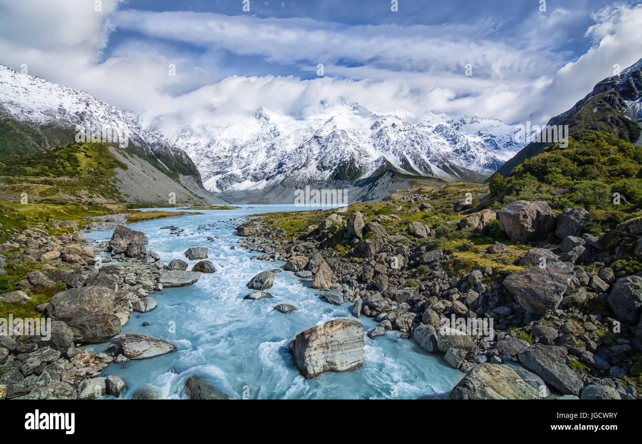 Snowcapped mountains, Mount Cook National Park, Canterbury, South Island, New Zealand Stock Photo