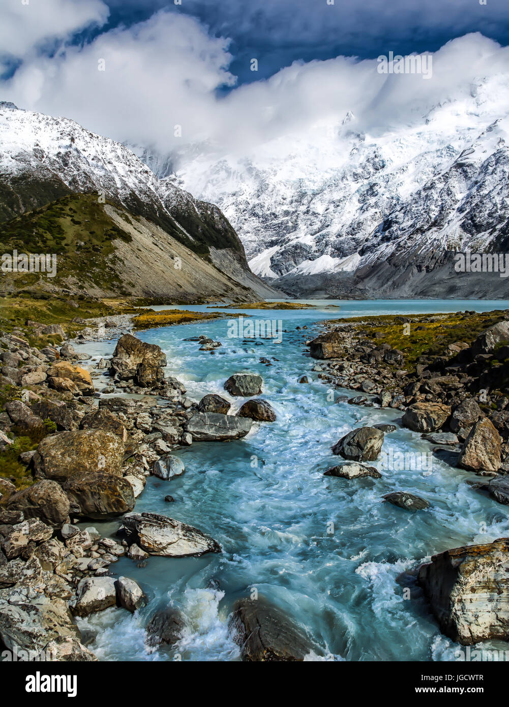 Glacial river flowing from lake in Mount Cook National Park, Canterbury, South Island, New Zealand Stock Photo