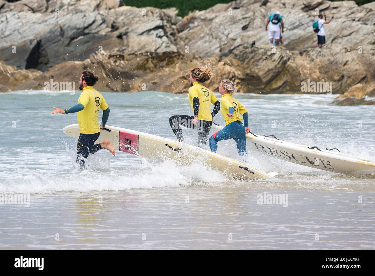 Beach Lifeguard Training on Fistral Beach in Cornwall.  The course is run by Era Adventures. Stock Photo