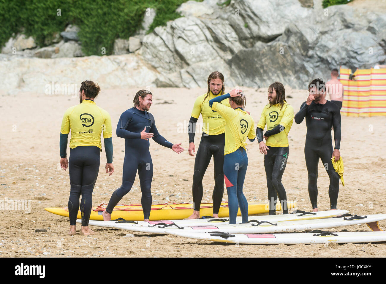 Beach Lifeguard Training on Fistral Beach in Cornwall.  The course is run by Era Adventures. Stock Photo