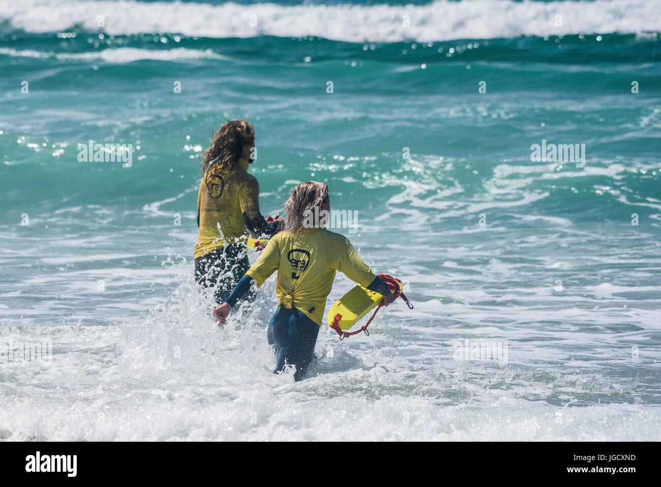 Beach Lifeguard Training on Fistral Beach in Cornwall.  The course is run by Era Adventures. Stock Photo