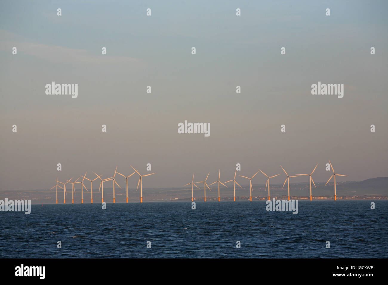 Wind turbines off the coast of Redcar, UK. Stock Photo