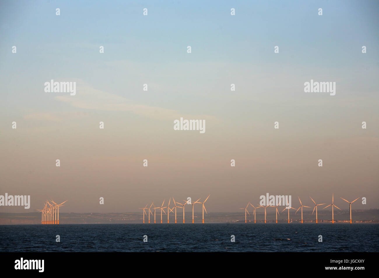 Wind turbines off the coast of Redcar, UK. Stock Photo