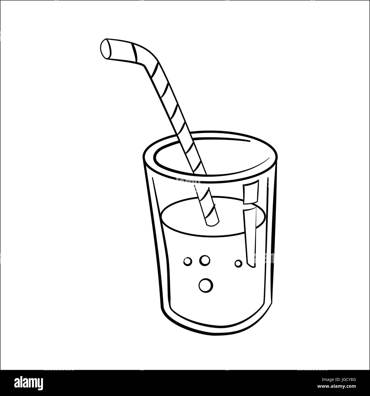 Hand drawn sketch of glass of juice isolated, Black and White Cartoon Vector Illustration for Coloring Book - Line Drawn Vector Stock Vector