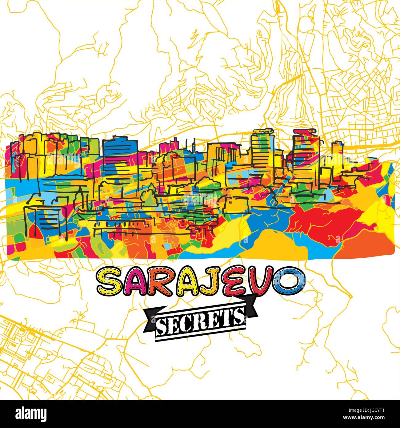 Sarajevo Travel Secrets Art Map for mapping experts and travel guides. Handmade city logo, typo badge and hand drawn vector image on top are grouped a Stock Vector