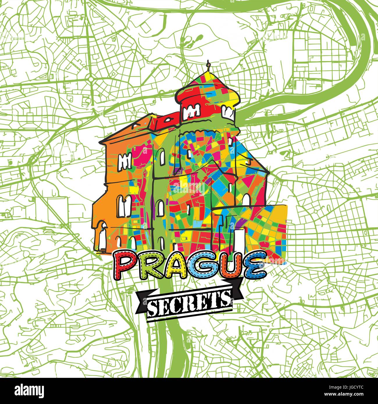 Prague Travel Secrets Art Map for mapping experts and travel guides. Handmade city logo, typo badge and hand drawn vector image on top are grouped and Stock Vector