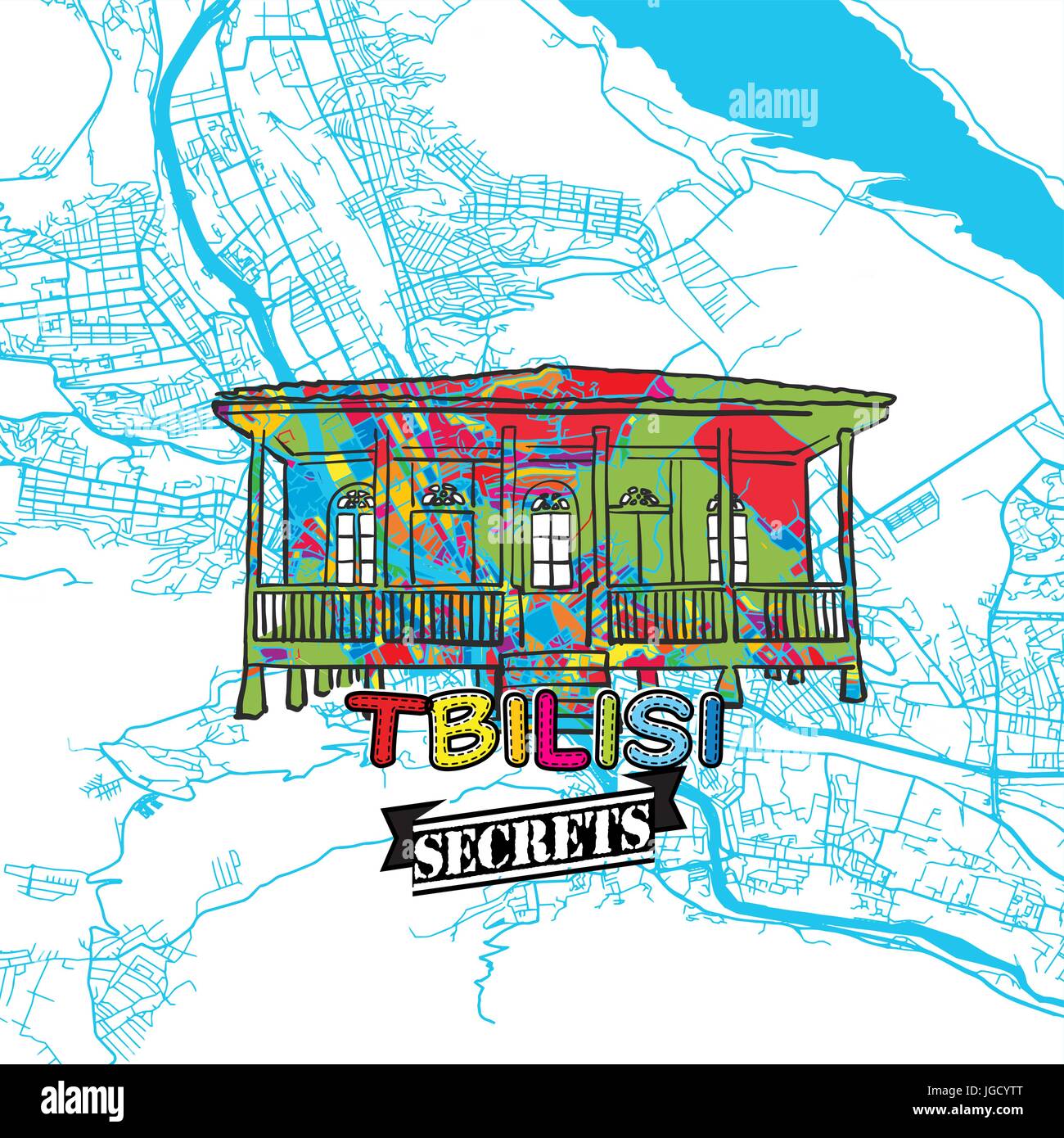 Tbilisi Travel Secrets Art Map for mapping experts and travel guides. Handmade city logo, typo badge and hand drawn vector image on top are grouped an Stock Vector
