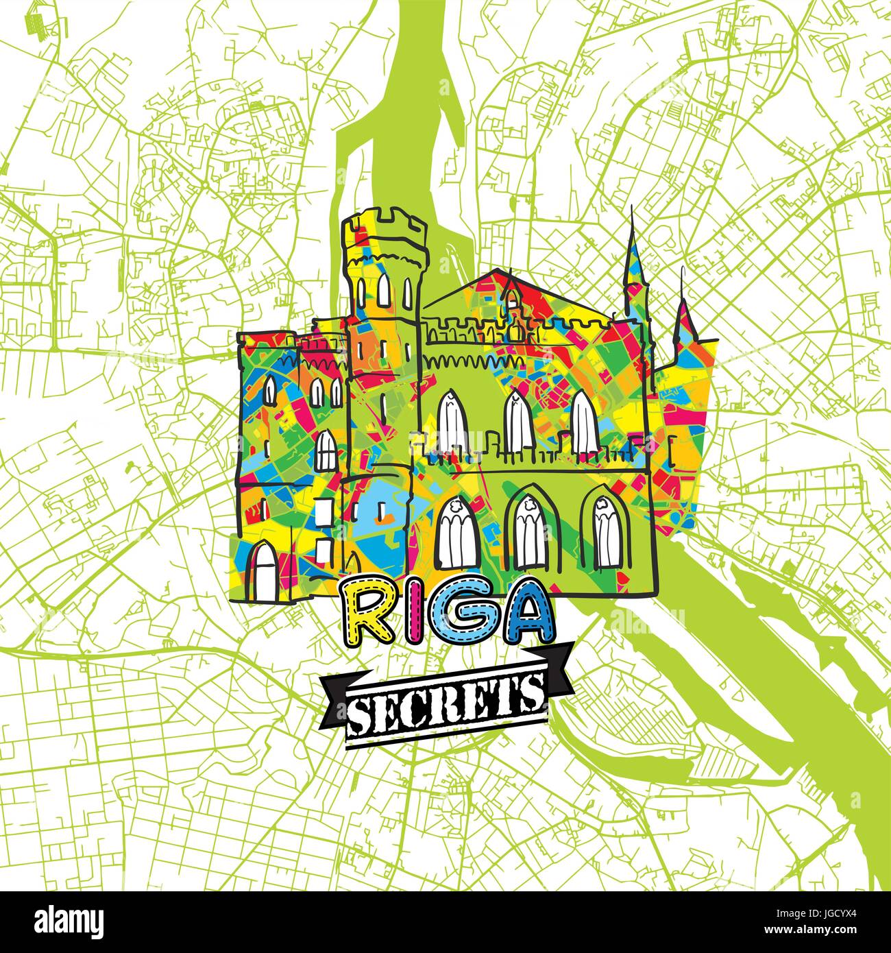 Riga Travel Secrets Art Map for mapping experts and travel guides. Handmade city logo, typo badge and hand drawn vector image on top are grouped and m Stock Vector